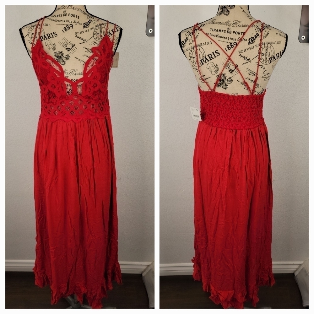 Free People Dres XS Adella Maxi Slip Boho Crochet Lace Red Summer Cottage NEW - Picture 7 of 8